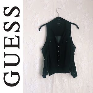 GUESS Off-The-Shoulder Sheer Button Up Shirt